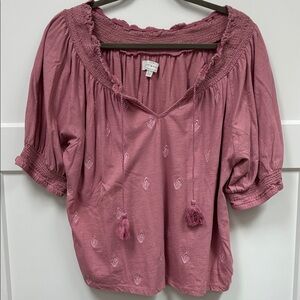 Lucky Brand Women's Rose Pink Peasant Blouse with Tassel Tie